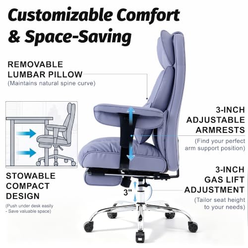 Image of Efomao Executive Office Chair 400lbs,Purple Big and Tall Desk Chair | Mattress-grade pocket spring cushion, sleek leather, 135 recline & footrest for computer gaming setup.
