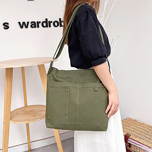 Image of Cotton Tote Handbag Women Canvas Crossbody Beach Bag Hobo Shoulder Tote Bag with 3 External Pocket,Zipper Closure