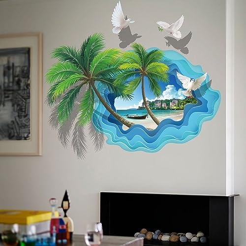 3D Beach Coconut View Wall Stickers Art Decor Summer Seascape Wall Sticker Removable Ocean Beach Wall Decals For Bedroom Kids Room Mural Home Gift #TOP5