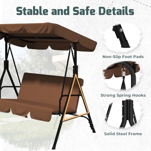 Image of AECOJOY Porch Swing with Stand. 3-Seat Outdoor Clearance Porch Swings for Adults, Outdoor Patio Swing with Adjustable Canopy & Removable Cushion for Backyard, Garden, Yard, Poolside, Balcony (Brown)