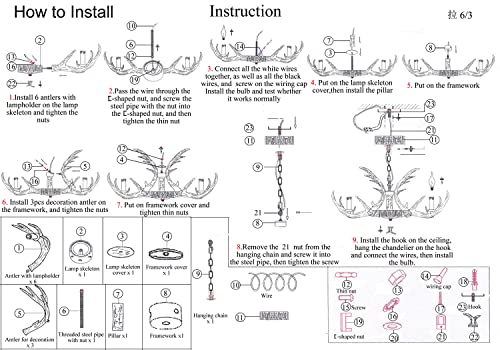 Hubrin Antler Chandelier 6 Light, Rustic Style Antler Light Fixtures, E12 Base Deer Antler Chandelier Lighting For Home Store Bar (6 Lamp Arms + 3Arms) #TOP6