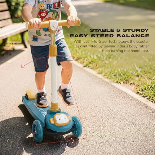 Image of Baybee Rovix Kick Scooter for Kids | Foldable Skate Scooter with 3 Height Adjustment Handle & LED Light Wheels | 3 Wheel Baby Scooter with Rear Brake | Kids Scooter for 2 to 10 Years Boy Girl (Green)