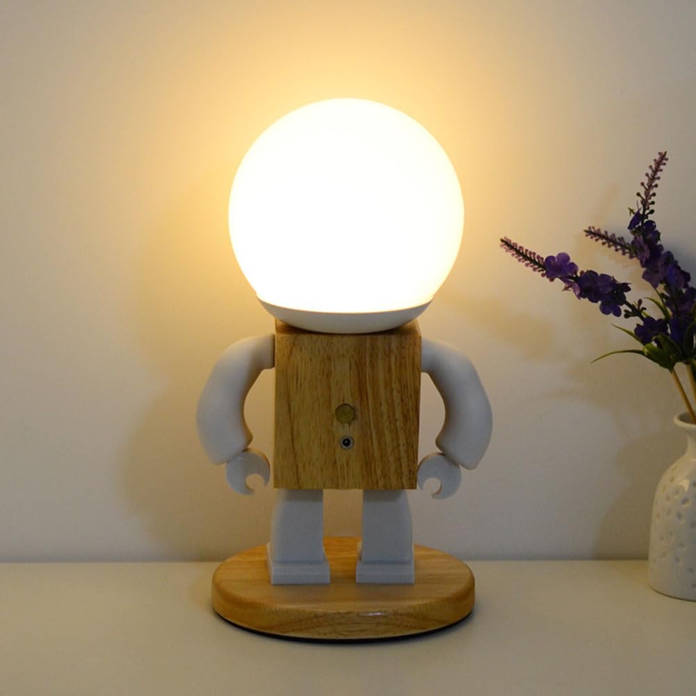 Roboter Nachttischlampe Holz Kreative Roboter Schreibtischleuchten Moderne LED Schreibtischlampe Dekorative Nachttischleuchten mit Kabel und Schalter Tischlampe für Kinder Schlafzimmer Büro