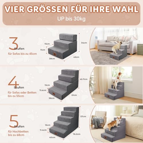 Sytopia Hundetreppe Große Hunde 4 Stufen Hoch, Hundetreppe für Bett Sofa 50cm, Haustiertreppe waschbar, hochdichter Schaumstoff, für verletzte ältere Hunde (46cm Höhe, Grau)