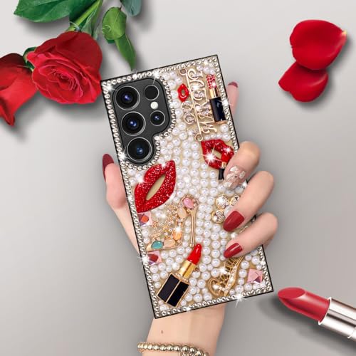 Erolagomat Bling Case for Samsung Galaxy S24 Ultra,Luxury Designer Phone Case with Glitter Sparkle Diamond Crystal Rhinestone Lips Lipstick Pearl Flowers High Heels,Soft Bumper Cover for Women Girl by Erolagomat - Used condition - Image 7