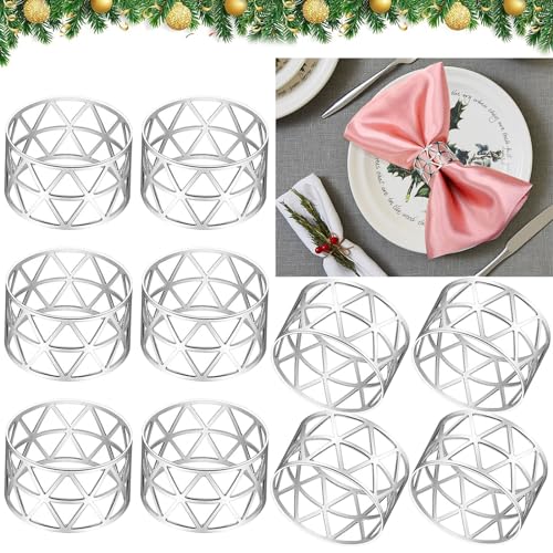 Servilleteros plateados, 10 unidades, juego de servilleteros de metal, hebillas huecas para aniversario, Navidad, Año Nuevo, cumpleaños, aniversario, fiesta, decoración de mesa (plata)