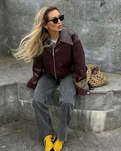ジャケット・アウター archive grunge leather jaket brown y2k Women's Y2K Vintage Oversized Jacket Fairy Grunge Crop PU Leather