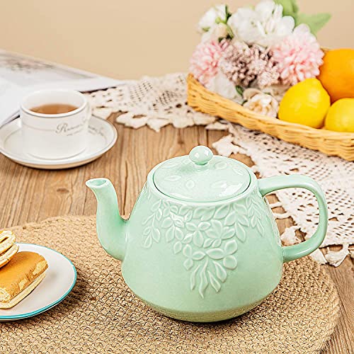 Toptier Leaf Teapot, Cast Iron Teapot 32 Oz And Ceramic Teapot 37 Oz Set, Cast Iron Tea Kettle Stovetop Safe, Porcelain Tea Pot For Blooming & Loose Leaf, Light Green #TOP3