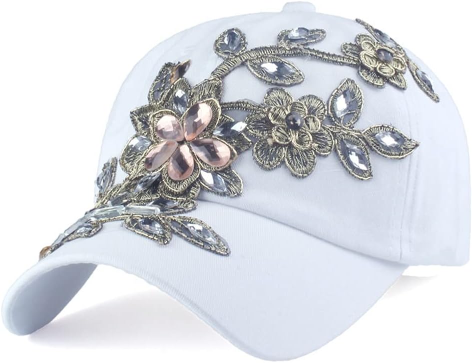Women Bling Rhinestone Denim Jean Baseball Cap Flower Print Adjustable Sun Hat