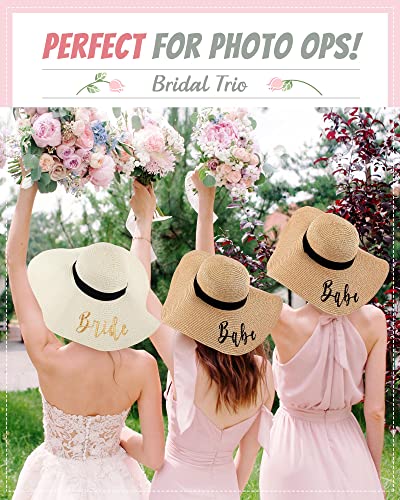 Janmercy 6 Pcs Bride And Bridesmaid Sun Hat Bulk Sun Straw Hat Wide Brim Foldable Beach Hats Embroidered Floppy Hats For Women Wedding Bridal Bachelorette Party Gifts, White Khaki #TOP6