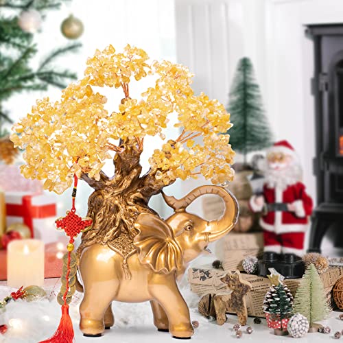 Citrine Crystal Money Tree On Gold Elephant Statue, 17”Large Crystal Elephant Lucky Figurines Home Décor Gifts For Wealth Positive Energy, Tree Of Life Feng Shui Sculpture, Desk Décor By Gemboury #TOP6