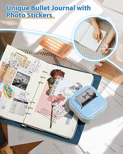 T02 Mini Drucker, Bluetooth Pocket Printer mit 3 Papierrollen, Tragbarer Sticker Printer, Inkless Thermodrucker, Portable Etikettendrucker Aufkleberdrucker für Notizen, Memos, Zeitschriften, DIY