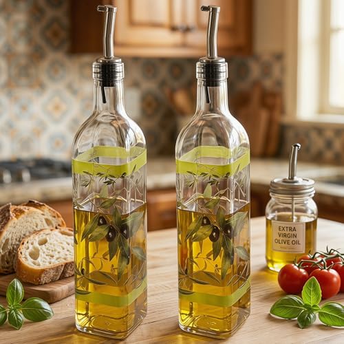 Topadorn 2 Pack Olive Oil Dispenser, 17oz Glass Bottles with Pour Spouts