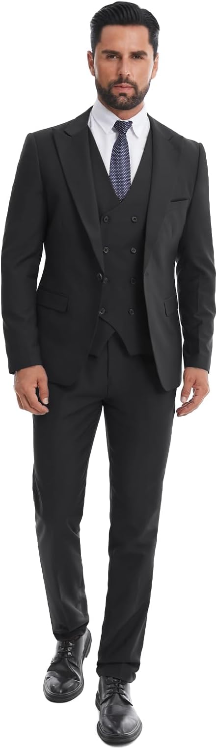 Men's 3 Piece Slim Fit Suit Set One-Button Tuxedo Jacket Vest & Pants for Wedding Prom Business