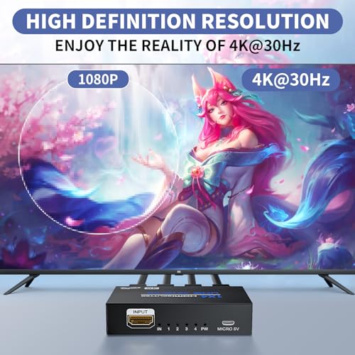 Image of HDMI Splitter 1 in 4 Out 4K@30Hz, Powered 1x4 HDMI Video Splitter 4 Ports with Power Cord, Duplicate /Mirror Screen, Supports UltralHD 3D 1080P HDCP 1.4 for HDTV, STB, DVD, PS5 /4 /3, Projector, Etc