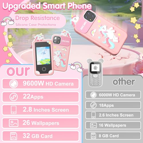 Kids Smart Phone for Girls, 2.8\" Touchscreen Play Phone with 32G SD Card, Dual Camera, Puzzle Game, Music Player, Christmas Birthday Gifts for Kids Age 3-12 Pink