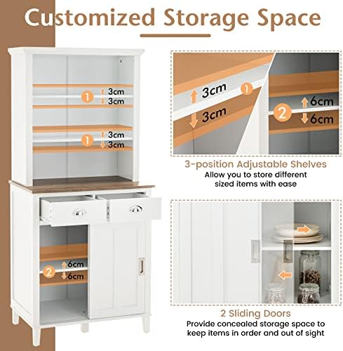 COSTWAY Kitchen Cupboard, Freestanding Storage Cabinet with Adjustable Shelves, 2 Sliding Doors, 2 Drawers & Anti-toppling Device, Pantry Sideboard Organizer Unit for Living Room Dining Room