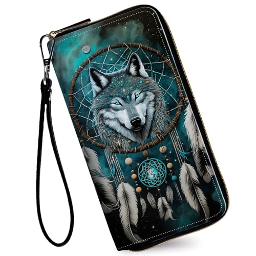 Image of Women's Wallets,Credit Card Holder Money Leather Long Wallet with Wristlet,Large Capacity with Zip-Around Phone Purse for Women Ladies Girls,Dream Catcher Wolf