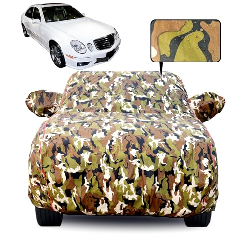 Image of Waterproof Car Body Cover for Mercedes A Class with Mirror Pocket, Soft Cotton Lining, Triple Stitched, Full Bottom Elastic (Heat Resistant Jungle Print with Red Piping)