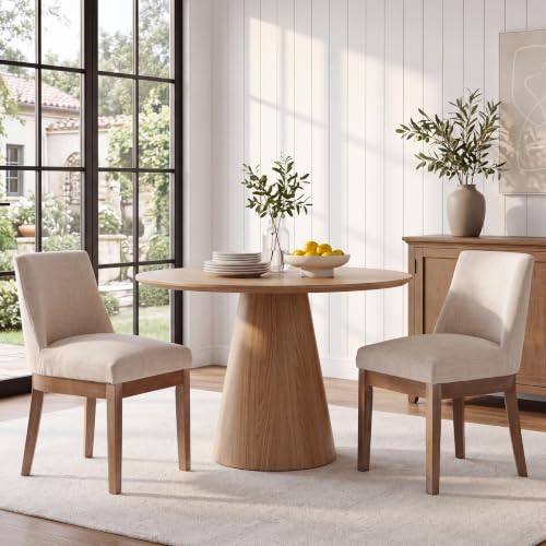 Image of HNY Beige Linen Fabric Dining Chairs Set of 2 with Comfortable Back Support