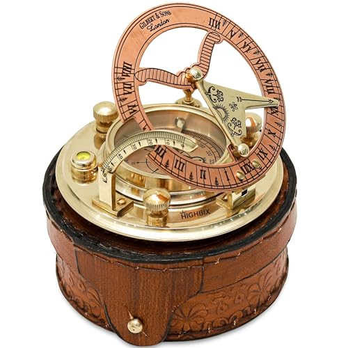 Gilbert - Bussola meridiana in ottone lucido con custodia in pelle, funzionale, vintage, regalo nautico per uomini, ragazzi, padri, compleanni, matrimoni, pensionamenti e occasioni religiose