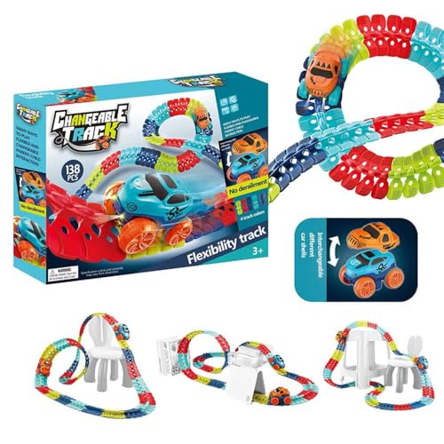 無重力カートラックセット新しいマジックトラックカーLEDライトアップレースカー付きの変更可能なトラックDIYレースおもちゃ軌道車玩具子供用電動トレイン反重力で多様な組み立てが可能な知育ブロックコースター (138pcs)