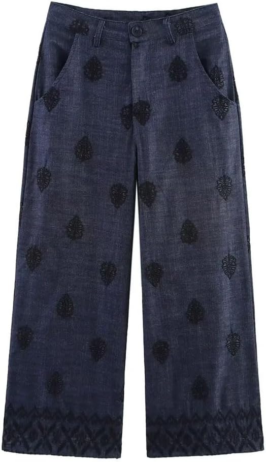 Women's High Waist Embroidered Patch Pocket Vintage Wide Leg Pants