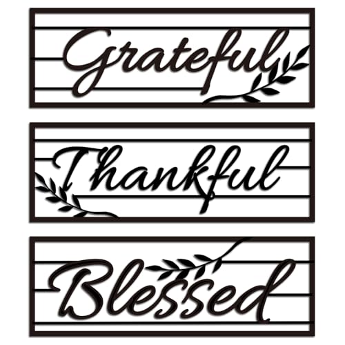 Décoration murale en métal noir 3 panneaux Thankful Grateful Blessed style triptyque rustique