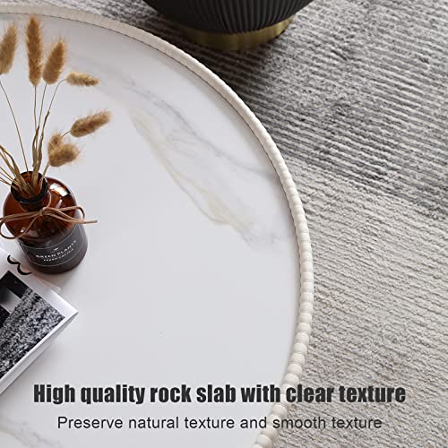 Modern Round Coffee Table, Marble Pattern Tabletop Leather Edge Sofa End Table With Metal Base,Luxurious Side Table For Home Decor Living Room(A Set, Orange+White) #TOP2