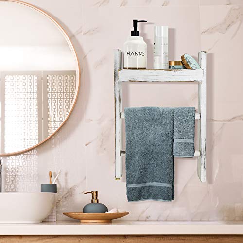 Wood Towel Rack with Shelf, Rustic Wall Mount Towel Ladder Decor for Bathroom, Kitchen Hand Towels Holder, Wooden Towel Bar Hanger for Living Room, Farmhouse Decor Shelf & Storage for Towels, Blankets - Thumbnail 3
