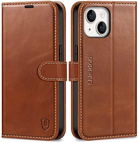 SHIELDON Case for iPhone 14 5G 6.1", Genuine Leather Wallet Case with RFID Blocking, Card Holder, Magnetic Clasp, Shockproof TPU, Folio Stand Protective Cover Compatible with iPhone 14 (2022) - Black