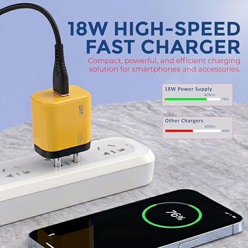 Image of MAK 18W Fast Charging USB Wall Charger 2.4A with USB to Type-C Cable, Compatible with Android Smartphones, Tablets & Type-C Devices, Safe & Reliable Power Output, Yellow