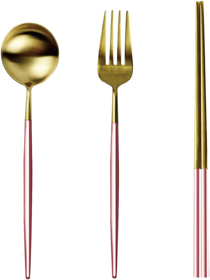 Caldo 3-Piece 18/10 Stainless Steel Flatware Set, Dinner Fork Spoon Chopsticks, Service for 1 - Rose Gold / Gold