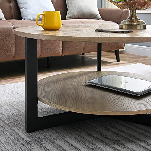 LEEMTORIG 33.5" Round Wood Coffee Table, 2-Tier Circle Round Coffee Table with Storage for Living Room, Mid-Century Modern Style with Texture Surface, Yellowish Brown with Black Metal Legs, KFZ-1338 - Image 7