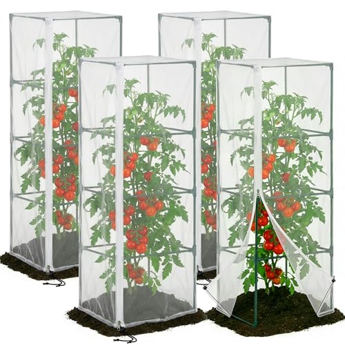 4 Pcs Garden Bird Netting for Square Plant Cage, 59" x 18" x 18" Tomato Cage Garden Net Cover with Zipper, Tomato Trellis Insect Bird Barrier Protection Mesh for Vertical Climbing Plants Vegetables