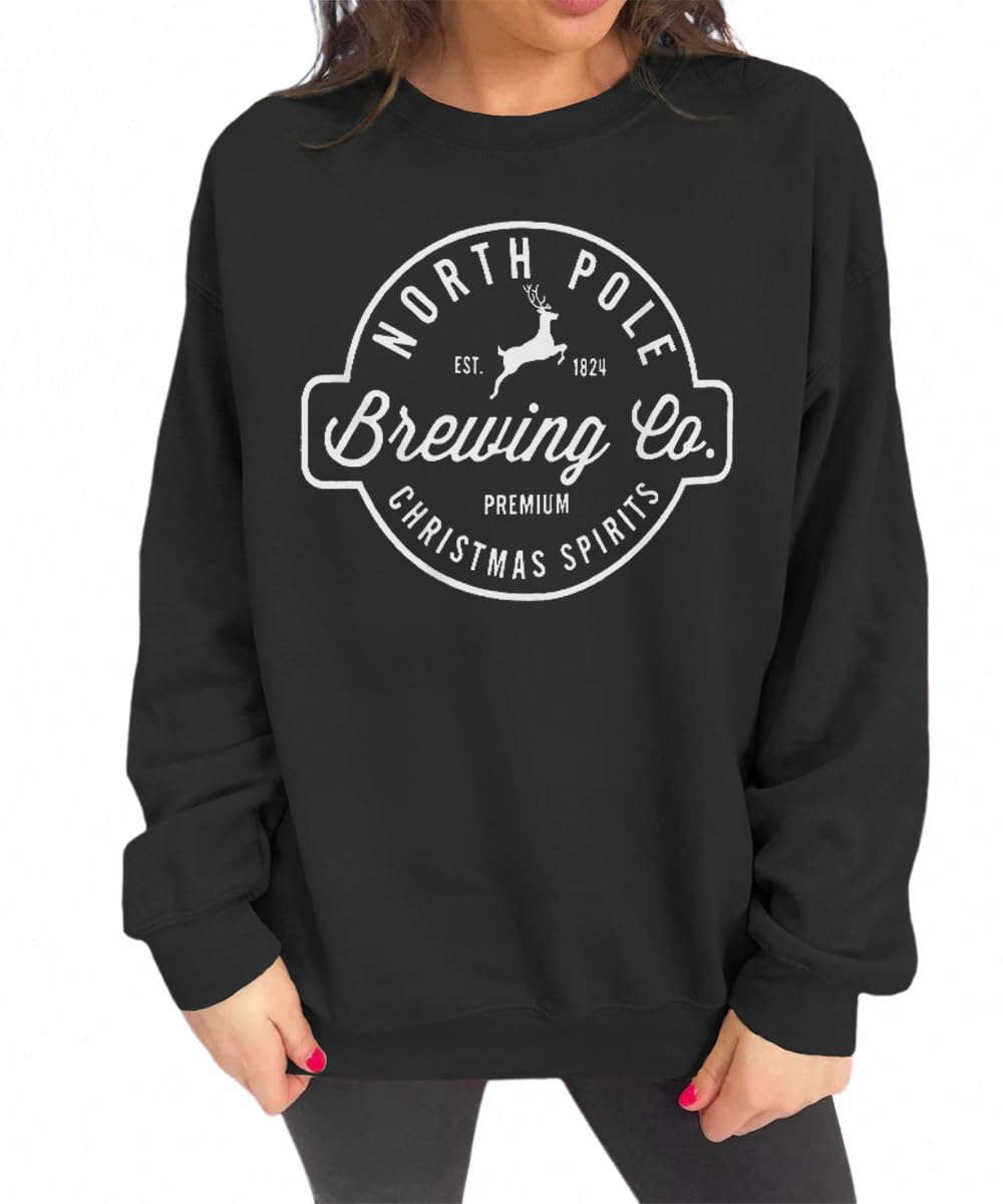 KEKEMI Women Christmas Sweatshirts Funny Brewing Co North Pole Graphic Shirt Casual Long Sleeve Crewneck Pullover Fall Tops