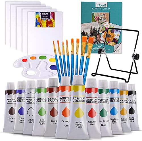 Inburit Art Paint Set for Kids, Painting Supplies Kit with 5 Canvas Panels, 8 Brushes, 12 Acrylic Paints, Multi-Function Table Easel, Etc, Premium Acrylic Paint Set for Students, Kids and Beginner.