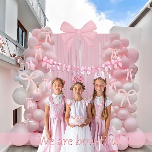Pink White Bow Birthday Decorations for Adults and Women with Pearl Pink and Big Bow Shape mylar Balloons Ribbon Bow and Banner Pearl Fringe Curtains Backdrop for Bow Coquette party Supplies by kozee - Image 2
