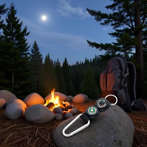Llavero con mosquetón negro con brújula y termómetro metálico para camping al aire libre, senderismo, supervivencia, deportes de montaña y accesorios de recreación al aire libre multifuncionales miniatura 5