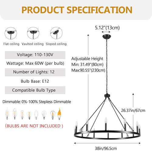 SJCCDSGS Black Farmhouse Chandelier, 38inches 12 Lights Large Wagon Wheel Chandelier Adjustable Height Industrial Dining Room Light Fixture for High Ceiling Living Room Entryway by SJCCDSGS - Image 2