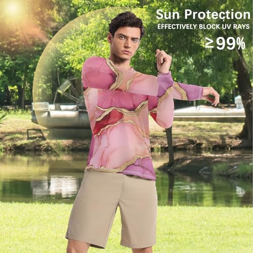 Marble Hot Pink Burgundy Men's Rash Guard Loose Crew Neck Long Sleeve UV Sun Protection Shirts Water Fishing4