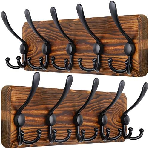 SKOLOO Coat Rack Wall Mounted - 38.3'' Long, Wooden, Heavy Duty, Rustic Coat Hooks for Wall, 16'' Hole to Hole, Wall Coat Rack with 10 Triple Hooks for Hanging Clothes, Jacket, Hat(Brown)