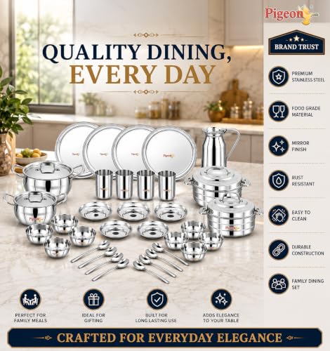 Image of Pigeon Stainless Steel Sparkle Dinner Set 35pcs|Heavy-Duty & Rust-Proo,|Food-Grade, BPA-Free, Elegant & Durable Tableware,Ideal for Home, Kitchen & Dining,Dishwasher Safe,Deal for Gifiting Purpose
