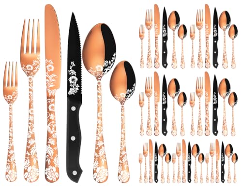 XIAOYU Ménagère de Couverts 48 Pièces avec Couteaux à Steak, Ménagère en Acier Inoxydable pour 8 Personnes, Cuillères Fourchettes Ensemble de Couteaux avec Laser Fleur de Pivoine Unique, Or Rose