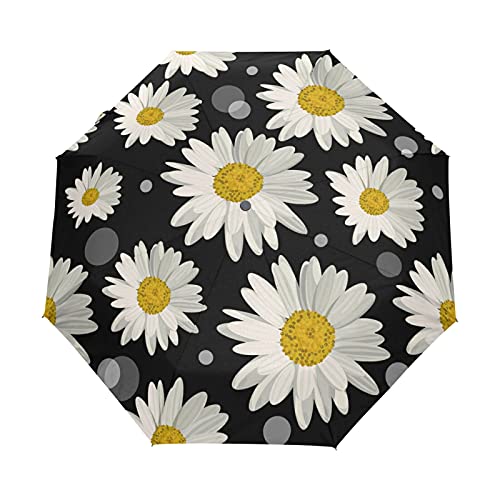 Parapluie pliable automatique à motif marguerites sur fond noir compact