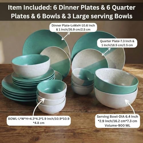 Image of Freakway 21-Piece Ceramic Dinnerware Set | 6 Dinner Plates, 6 Quarter Plates, 6 Bowls & 3 Large Serving Bowl | Dual Minth Green and Beige Color Speckled Design