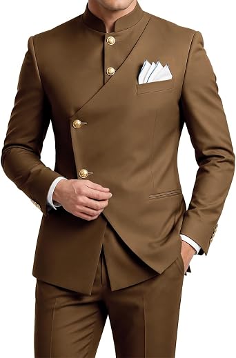 Mens Tunic Suit Mandarin Collar Suit Slim Fit Nehru Jacket Pants Set Gold Button Blazer Formal Wedding Outfit