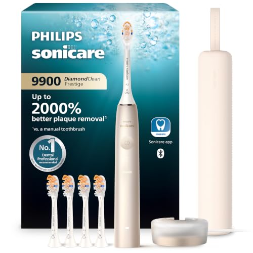 Image of Philips Sonicare DiamondClean 9900 Prestige Electric Toothbrush - with SenseIQ Technology and Advanced AI App, 5 Brushing Modes, 3 Intensity Levels, Charging Travel Case, Champagne, BD9001AZ