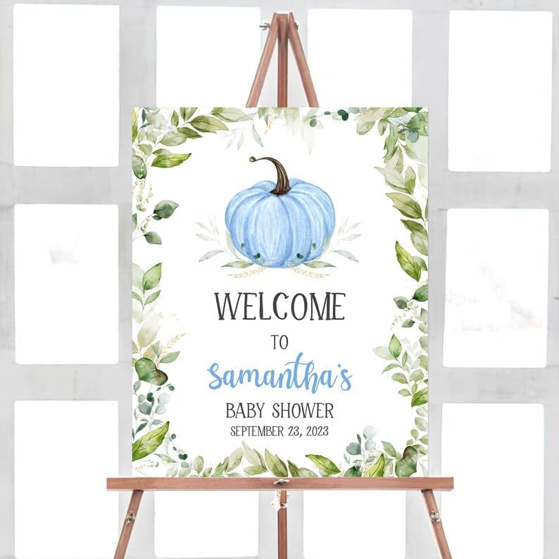 Letrero de bienvenida personalizado de calabaza para baby shower, letrero de calabaza azul para baby shower, tablero de letrero de baby shower con
