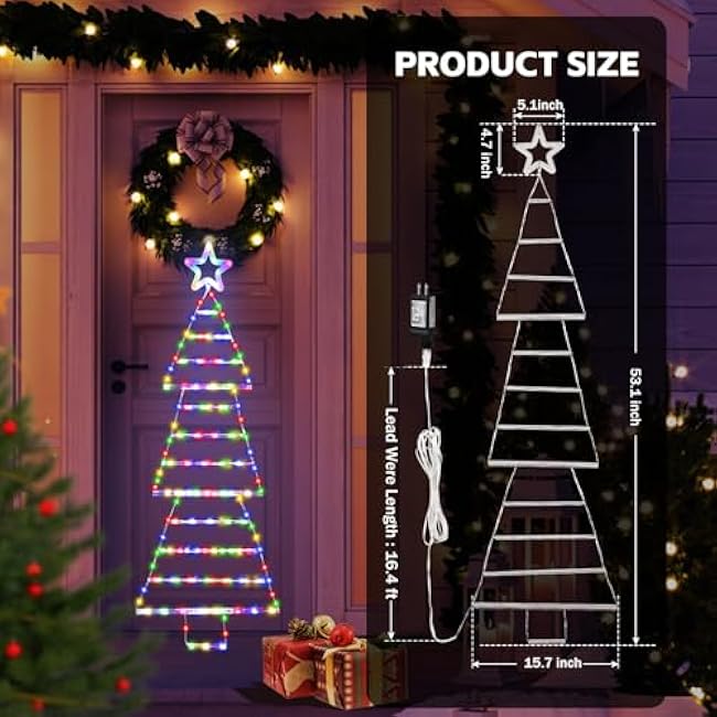4.4 FT LED Christmas Tree Shaped Ladder Lights with Star, Plug-in Waterproof 8 Modes Christmas Window Hanging Lights for Indoor Outdoor Wall Door Xmas Decor